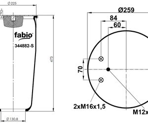 Пневмоподушка (4882) без стакана WBR 04882-M (верх шп м12х1,5, 2штуц М16х1,5. низ D 130,8)