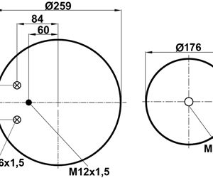 Пневмоподушка (4882) со стаканом WBR 04882-5K (верх 2штуц.M16х1,5 смещ.84,1шп.M12х1,5 низ отв М18х2)