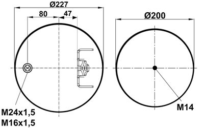 Пневмоподушка (7803) со стаканом WBR 07803-K (верх шп-штуц.M16х1,5/M24х1,5 кроншт. Низ шп.M14)