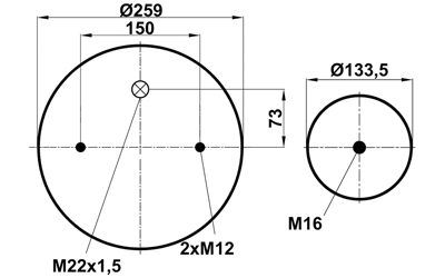 Пневмоподушка (4961) без стакана WBR 04961-2M (верх 2 шп. М12, штуц. М22х1,5. низ М16)