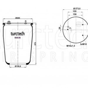 Пневмоподушка (836) без стакана 90836 (верх 3шп.M10,штуц.M16х1,5 смещ.28 низ D150.8)
