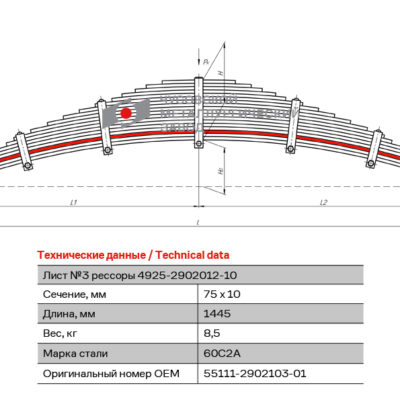 55111 Лист №3 Рессора передняя для КамАЗ 65115, 55111 15 листов